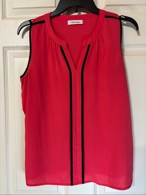 Calvin Klein Red Sleeveless Split-Neck Camisole with Black Piping